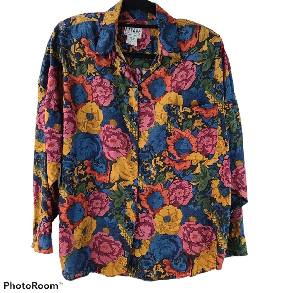 Vintage 1992 bold floral sustainable silk long sleeve blouse Large